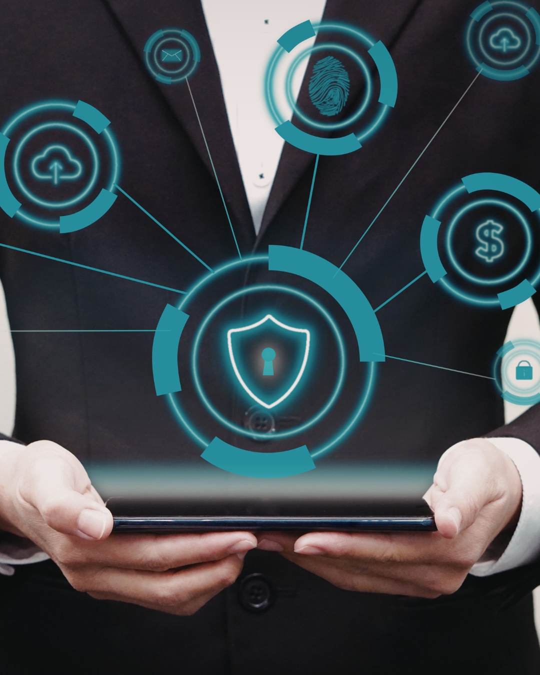 Person holding ipad with shield graphic floating above it.