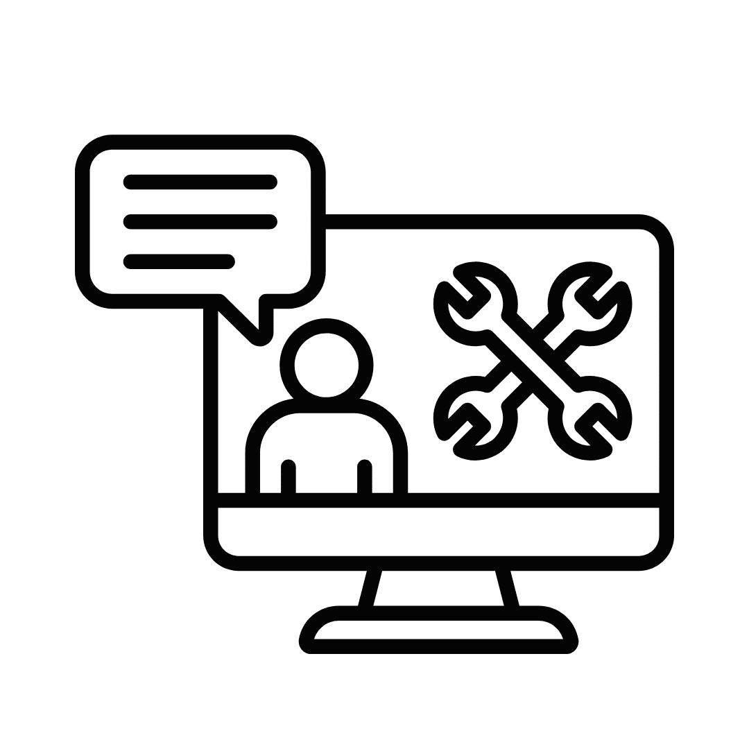 IT Services 2 Icon of a computer with a person, two crossed wrenches, and a speech bubble.
