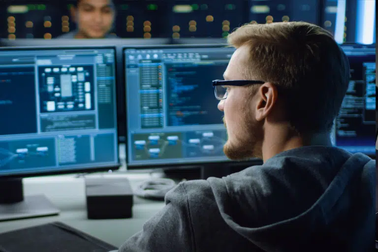 Calgary cybersecurity specialist monitoring multiple screens displaying network security dashboards and system data, providing 24/7 threat detection and managed IT support for Calgary businesses through PCe Solutions.