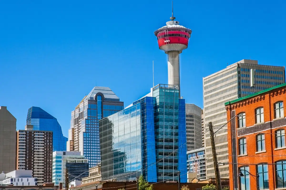 Calgary Alberta downtown skyline featuring the Calgary Tower and modern business district served by PCe Solutions local managed IT services