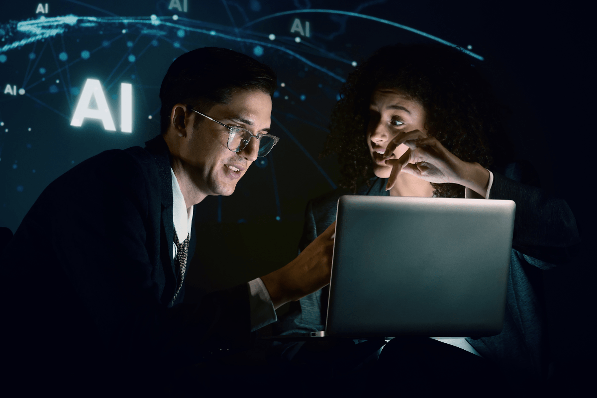 Calgary business professional confidently using AI-powered workflow automation tools on a modern workstation in a contemporary Downtown Calgary or Quarry Park office environment representing PCe Solutions Managed Intelligence AI services for Alberta businesses