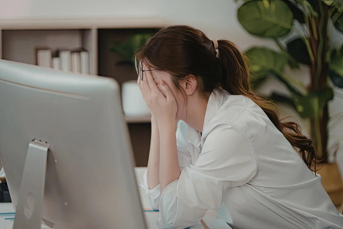 Calgary business owner looking frustrated and overwhelmed at a desk surrounded by technology problems representing the pain points that signal a managed IT services partner is needed for Calgary Alberta small businesses