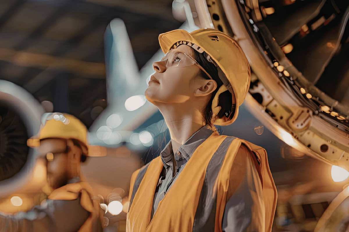 Tampa aerospace and industrial facility worker in safety gear representing the specialized IT infrastructure and cybersecurity support PCe Solutions provides to Tampa Bay's engineering and defense sectors
