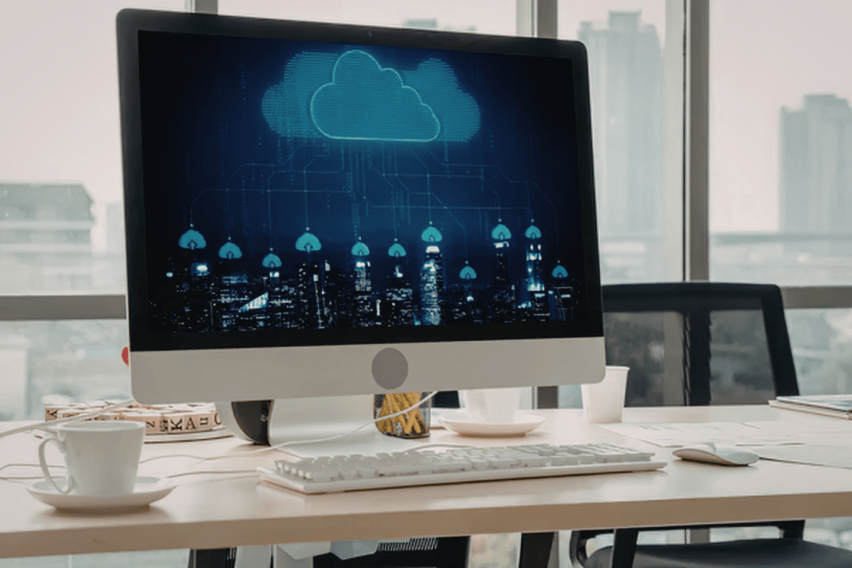 Modern cloud IT infrastructure with blue lighting representing the secure managed cloud environments PCe Solutions deploys and manages for Tampa Bay businesses across Florida