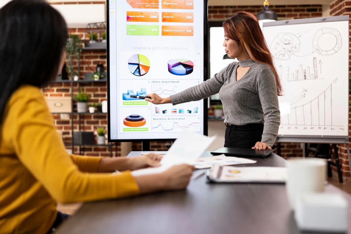 Tampa financial services team collaborating around AI-powered competitive performance metrics and intelligence dashboards supported by PCe Solutions Managed Intelligence AI services across Tampa Bay Florida
