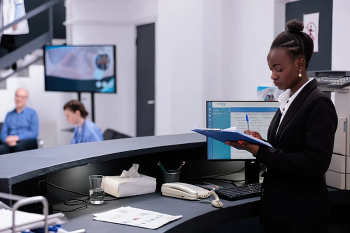 Tampa medical clinic front desk and clinical workstation representing the healthcare providers protected by PCe Solutions HIPAA compliant IT and cybersecurity services across Tampa Bay