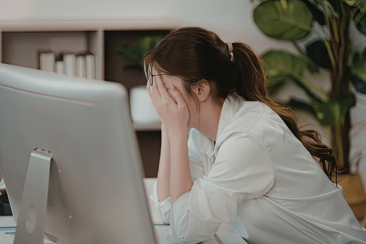 Tampa business owner looking frustrated and overwhelmed at a desk surrounded by technology problems representing the pain points that signal a managed IT services partner is needed for Tampa Bay Florida small businesses